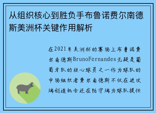 从组织核心到胜负手布鲁诺费尔南德斯美洲杯关键作用解析 从组织核心到胜负手布鲁诺费尔南德斯美洲杯关键作用解析